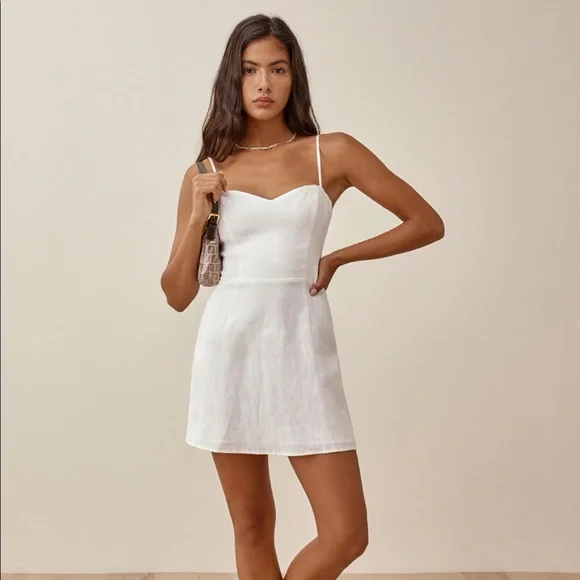 chinese dress ladies Reformation Everett Square Neck Linen Midi Dress White